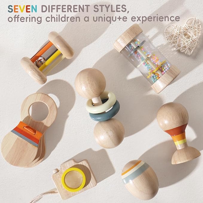 Wooden Baby Rattle Set, 7-in-1 Montessori Toys for Infants 0-6 Months, Moonkie Natural Wooden Baby Toys with Sensory Musical Instruments & Storage Bag