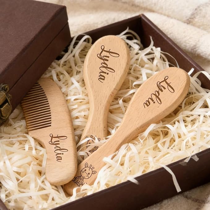 Custom Engraved Name Wooden Baby Brush And Comb Set For Newborns, Personalized Baby Shower Keepsake Gift, Soft Goat Bristle Hairbrush For Toddler Boys & Girls