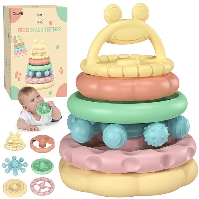 Baby Teething Toys 3-6 Months, Soft Silicone Stacking Rings Teether, 6-Piece Stackable Circles for Teething Relief Safe BPA-Free Teething Gift, Perfect Baby Shower & Birthday Present for Boys & Girls
