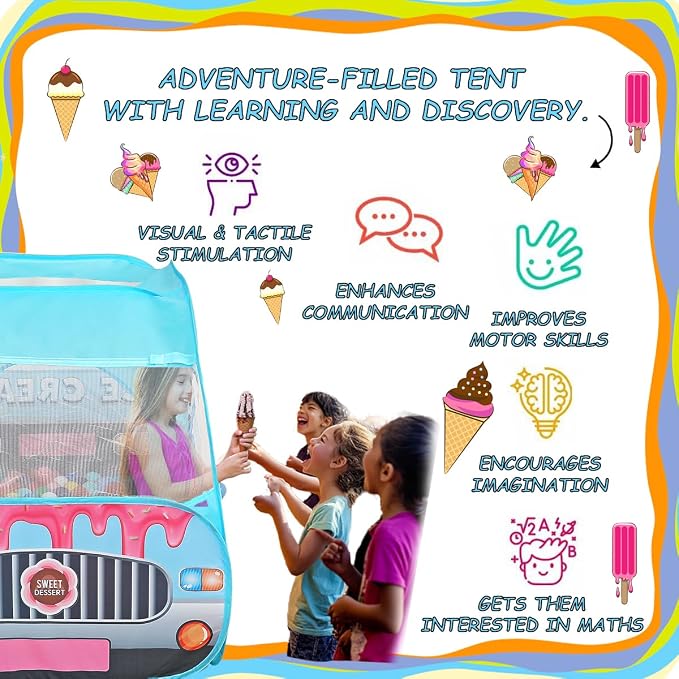 Ice Cream Truck Pop Up Kids Play Tent | Includes Carrying Case |, Children Indoor Icecream Playhouse for Boys, Toddlers, 25.6" D x 55" W x 29.5" H (Ice Cream)