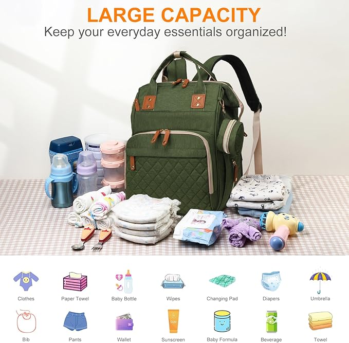 Diaper Bag with Changing Station, Waterproof 3 in 1 Baby Diaper Backpack with Foldable Changing Pad, Large Travel Back Pack for Girl Boy, Green