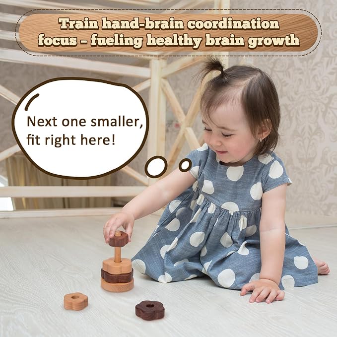 Adena Montessori Ring Log Wood Stacking Toys, Montessori Geometric Stacking Wooden Educational Toy for Babies, 12+ Months Baby Shape Sorter and Stacking Toys, Stacking Tower Toy for Babies (Flower)