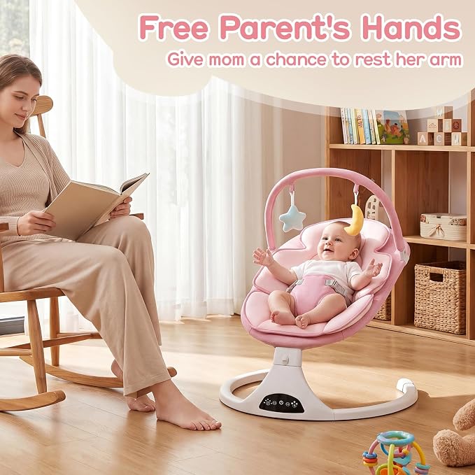Electric Baby Swing with Remote Control - 5 Natural Motion Speeds, Detachable Seat Pad | Portable Infant Swing for Indoor/Outdoor Use (0-6M, 20lbs) (Pink)