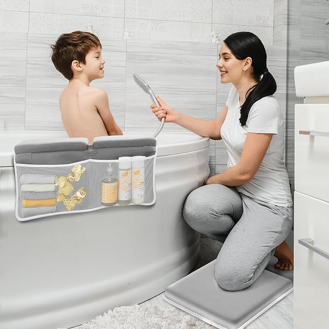 Comfortable Bath Kneeler and Elbow Kneeling Rest Pad for Baby Bathing Parents - Painless Foam Mat with Toy Organizer Pockets - Quick Drying, Foldable, Non-Slip for Baby and Toddler Bathing