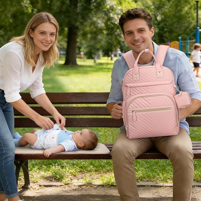 Tuwubi Diaper Bag Backpack with Changing Pad,Baby Essentials, Multi function Waterproof Backpack with Stroller Straps & Pacifier Case Light Pink