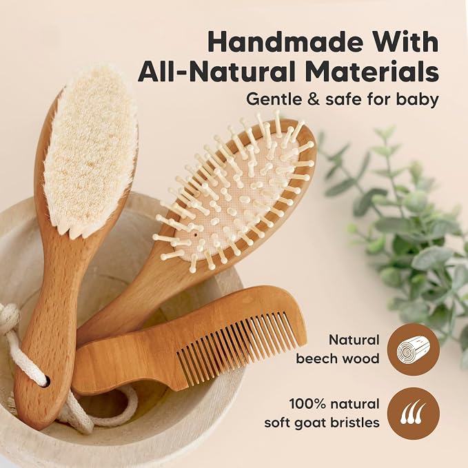 Keababies Baby Hair Brush and Baby Diaper Caddy Organizer - Brush with Soft Goat Bristles - Large Nursery Organizer, Cradle Cap Brush, Car Storage Organizer