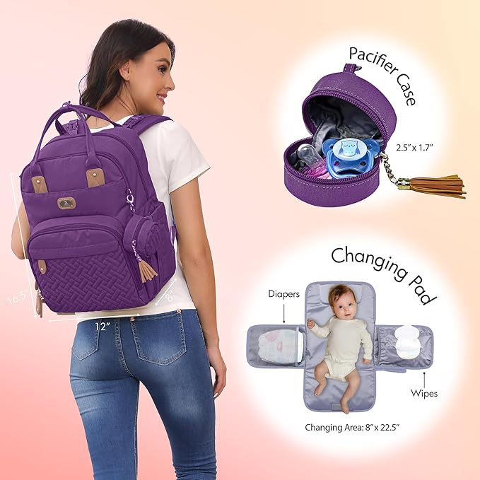 Dikaslon Diaper Bag Backpack with Portable Changing Pad, Pacifier Case and Stroller Straps, Large Unisex Baby Bags for Boys Girls, Multipurpose Travel Back Pack Moms Dads, Purple
