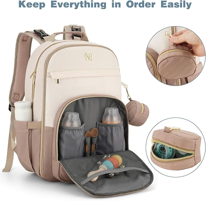 MOMUVO Diaper Bag Backpack, Quilted Baby Bag with Changing Pad & Stroller Straps & Pacifier Case, Large Travel Diaper Bags for Mom Dad, Khaki