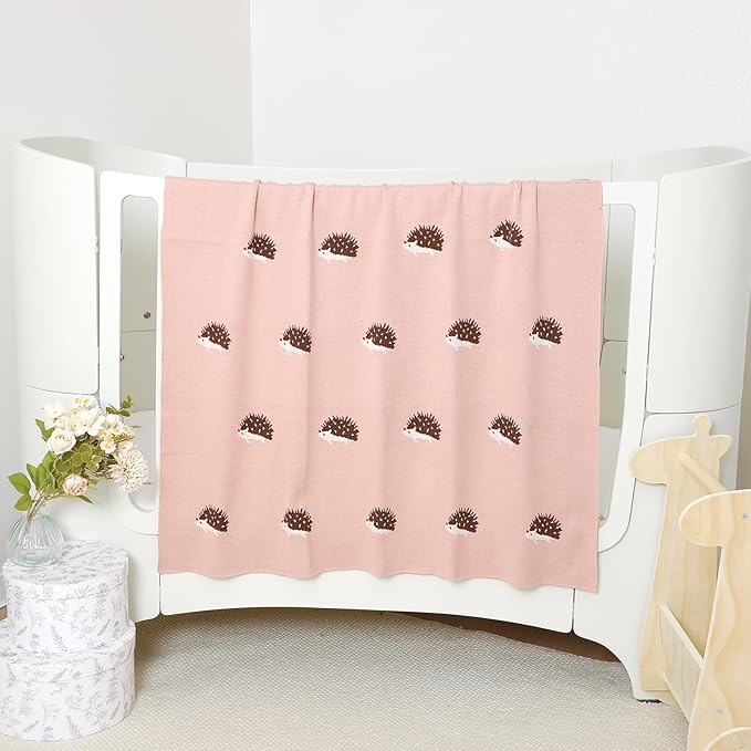 Opewod Baby Blanket 100% Cotton Baby Swaddle Blanket Knit Soft Cozy Lightweight Unisex Receiving Stroller Quilt Blanket with Cute Hedgehog 30x40 Inch Pink