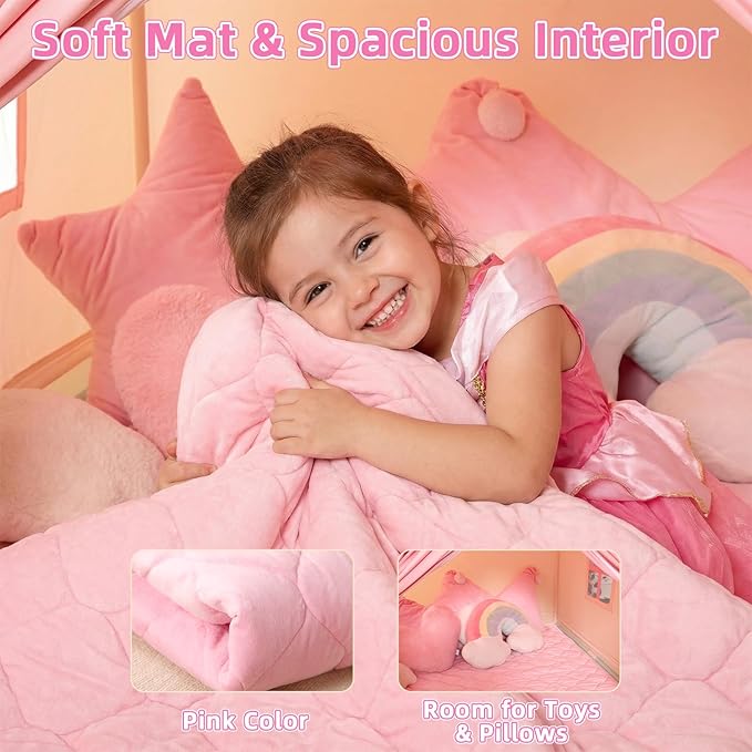 Kids Tent for Grils Indoor: with Mat, Star Lights - Pink Play Tents for Kids Indoor Playhouse - Princess Tent for Playroom Gift for Girls Birthday (Pink W/Cloth)