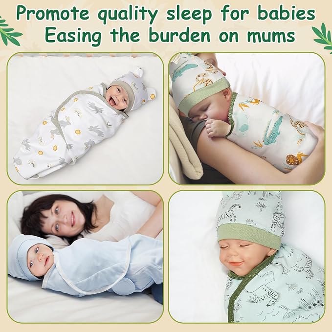 Ramede 6 Pack Swaddle Blanket with Hats Swaddle Outfit for 0-3 Months Newborn Sacks Soft Cotton Wearable for Girl and Boy(Whale,Blue and Green)