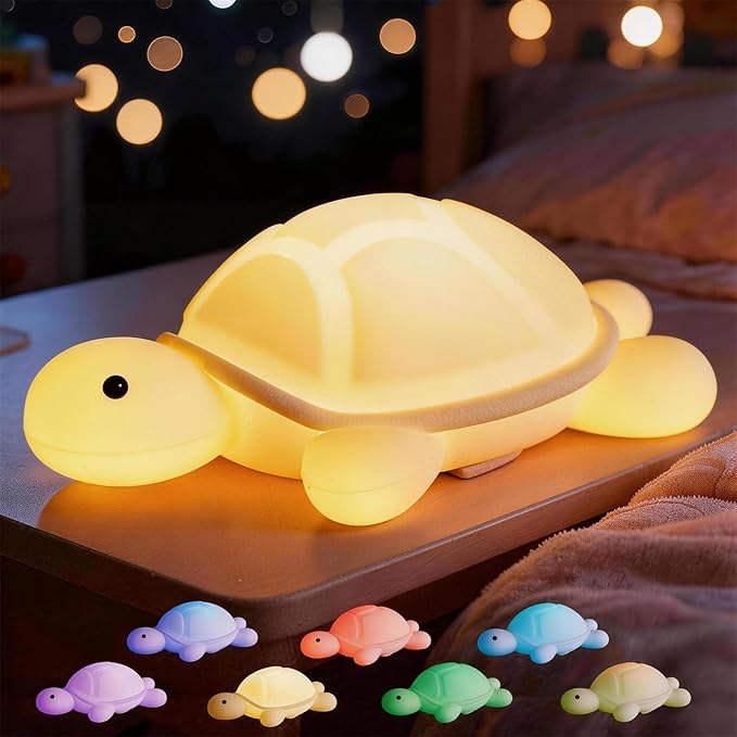 Turtle Night Light, Sea Turtle Gifts, Cute Soft Silicone Squishy LED Lamp with 7 RGB Colors, Dimmable, Timer, Touch Control, Kids' Bedroom Decor
