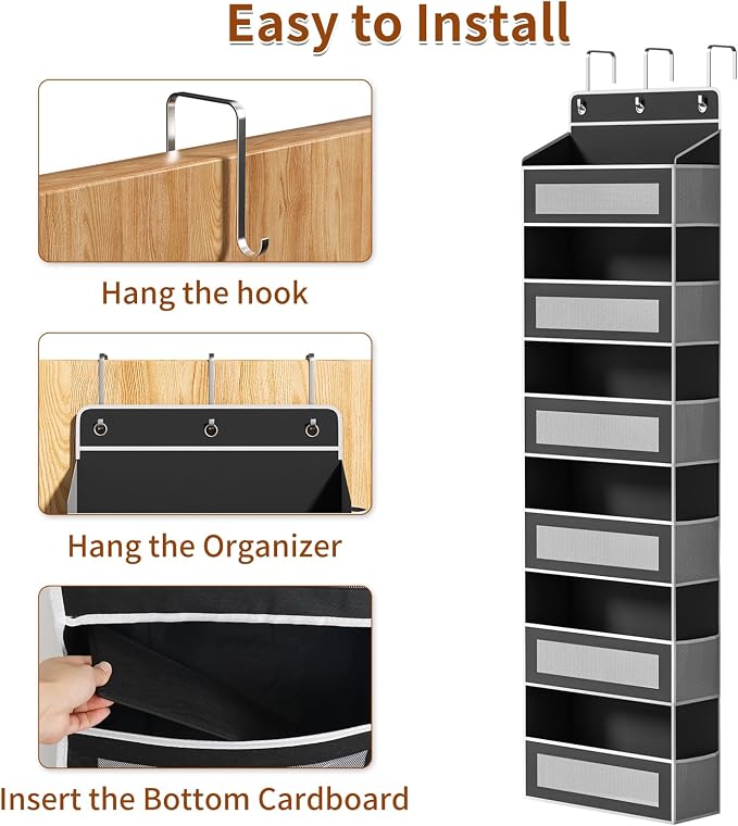 Over The Door Organizer with 6 Large Pockets, Over the Door Storage 12 Side Pockets, Hanging Door Organzier 44 lb Load Behind Door Storage Hanging Shelf for Closet Wall Bathroom Nursery, 6-Tier Black