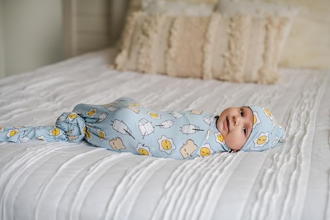 Little Sleepies Swaddle & Hat Set, Baby Swaddles Newborns, Soft Viscose from Bamboo Swaddle Blanket Wrap (Blue Breakfast Buddies)