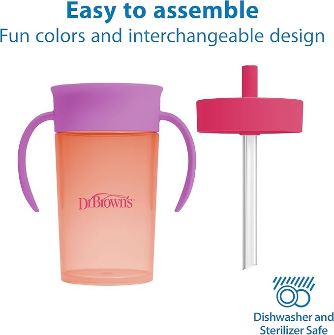 Dr. Brown's Milestones Straw to 360 Convertible Toddler Training Cup Set with Interchangeable Silicone Straw and 360 Degree Cup Lids, Pink Coral, 10 oz/300 mL, BPA-Free, 9m+, 2-Pack