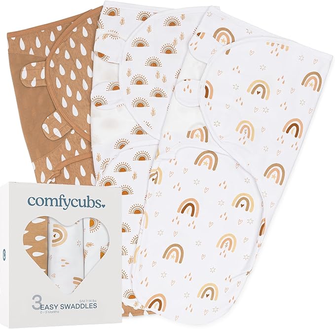 Comfy Cubs Easy Swaddle Blanket, 3 Pack - 100% Cotton Newborn Wrap, Small for 0-3 Months Infants, Breathable and Durable Sleep Sack for Babies - Rainbow Bohemian