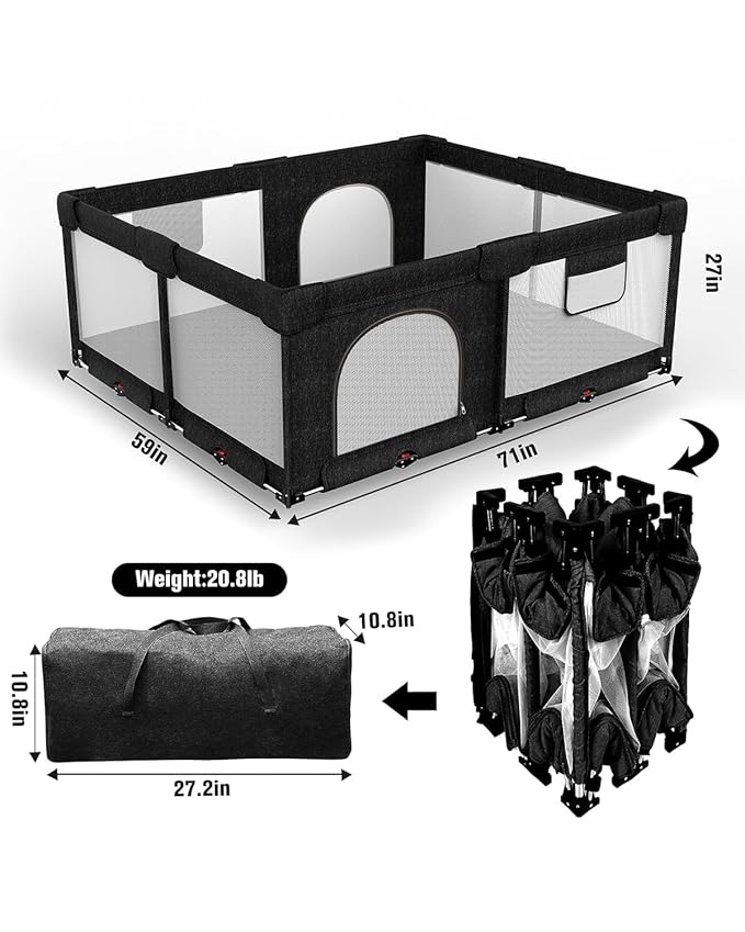 Veraste Foldable Baby Playpen with Gate, Extra Large Collapsible Play Yard for Babies & Toddlers, Portable Travel Playpen, Baby Activity Center for Indoor & Outdoor Use (Black 59"×71")