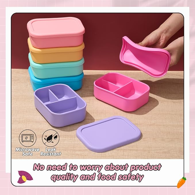 Layhit 6 Pcs Silicone Bento Box for Adults, 27 oz Bento Lunch Container Reusable Food Container for Women Men, Leak Proof Microwave Dishwasher Freezer Safe (3 Compartments,Fluorescent Multicolor)