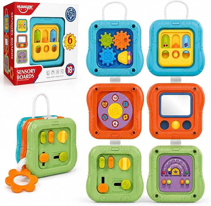 6-in-1 Montessori Busy Board for Toddlers 1-3, Sensory Activity Board with Fine Motor Skills Toys, Portable Travel Toy, Educational Learning Toy for Boys and Girls Ages 1-3