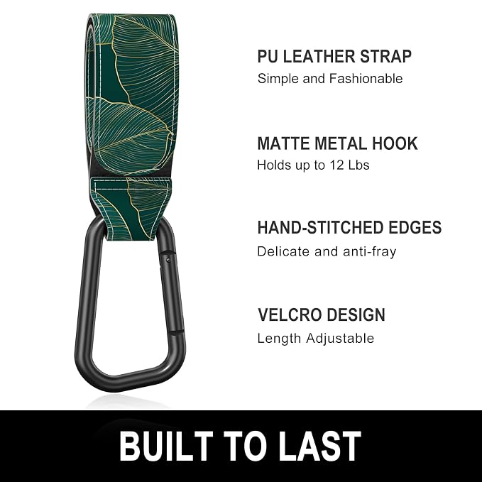 Baby Stroller Hooks for Hanging Bags, Universal Stroller Clips Accessories, Mommy Hook for Diaper Bag, Shopping Cart, Purse, Backpack - 2 Pack, Green Leaf