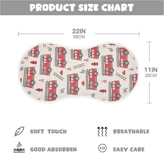 Muslin Burp Cloths for Baby Boys and Girls - 4-Pack Ultra Absorbent Fire Truck Muslin Washcloths, Newborn Towel, Milk Spit Up Rags, Burp Cloth Bib for Unisex, 22 x 11 Inch