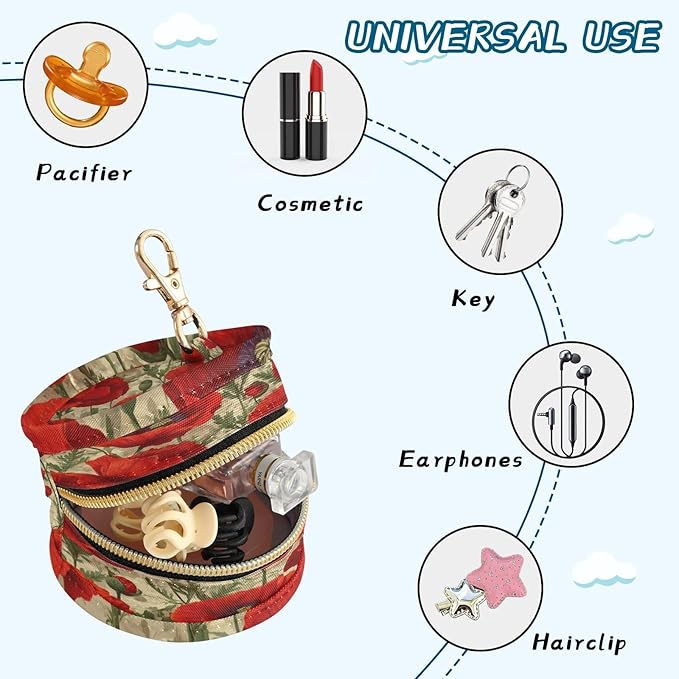 Pacifier Holder with Clip Pacifier Case for Diaper Bag Round Baby Pacifier Pouch Box Bag Portable Vibrant Beige Poppy Field