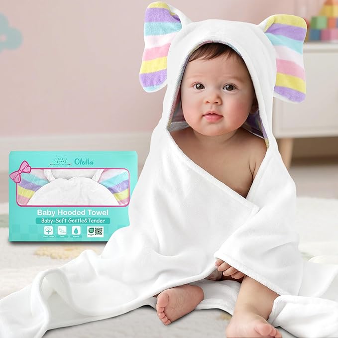VOOVA & MOVAS Cute Elephant Ears Large Hooded Towel for Baby ??100% Cotton, 420GSM, Thick & Super Absorbent ??33" x 31.5", for 0??8 Months ??Newborn, Toddler, Infant Bath Towel, Baby Essentials，White
