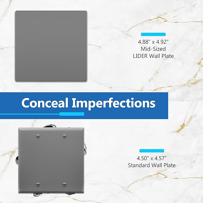 LIDER Double Blank Wall Plate, Temperature and Impact Resistant, UL Listed, Polycarbonate Thermoplastic, Screwless Design, Matte Finish, Modern Upgrade, Midsize, 2-Gang, 4.88??x 4.92?? Gray, 10 Pack