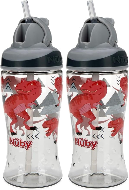 Nuby Thirsty Kids No Spill Flip-It Boost Tritan Travel Cup with Soft Silicone Straw, 12 Oz, T-Rex (Pack of 2)