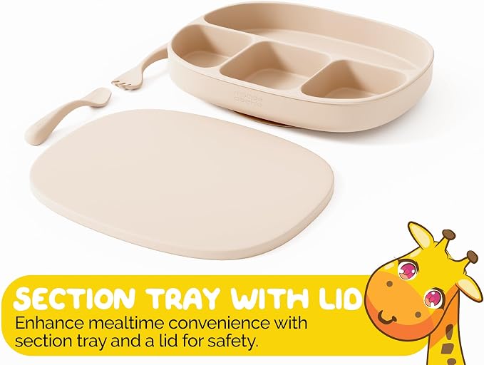 Baby Feeding essentials Baby Led Weaning Supplies in neutral Beige Color with Suction plates for baby with lid and baby spoons and toddler forks - (3 Piece Set)