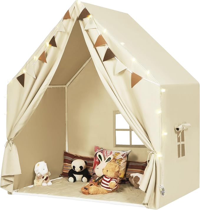 Kids Play Tent with Padded Mat & Star LED Lights for Ages 4-8-10 Year Old Girls Boys, Large Cute Indoor Play Room House Tent for Toddler Children (Beige)