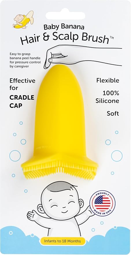 Baby Banana Hair & Scalp Brush for Cradle Cap and Bathtime, Made in USA, Infant to 12 Months, Flexable, Variable Pressure Scalp and Body Scrubber, Sensory Stimulation, Essential Baby Shower Gift