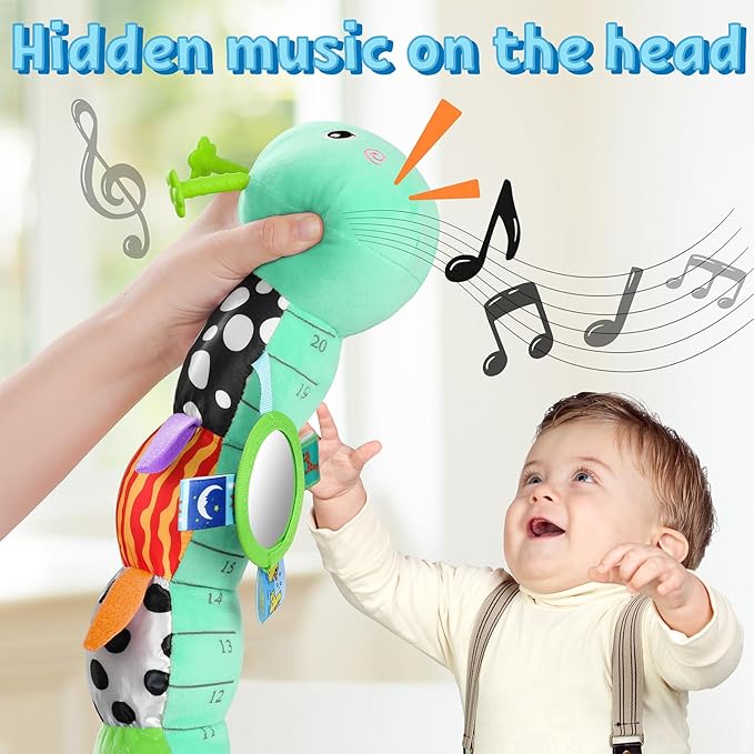 LIGHTDESIRE Baby Toys 6-12 Months Musical Caterpillar,Infant Toys Stuffed Animals with Ruler Design Mirror,Pull String,Crinkle&Rattles,Teething Toys for Tummy Time, Boy Girl Gifts 0-12 Months(Blue)