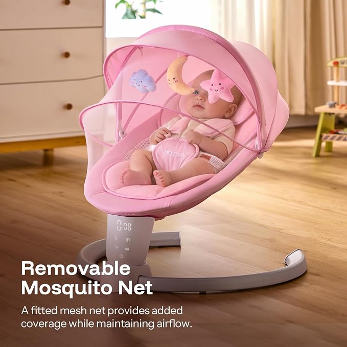 HARPPA Weddell Electric Baby Swing for Infants, 5-Point Harness, 5 Motion Levels, Remote & Touch Control, Built-in Melodies, Portable Baby Swing for Indoor Use,Light Pink