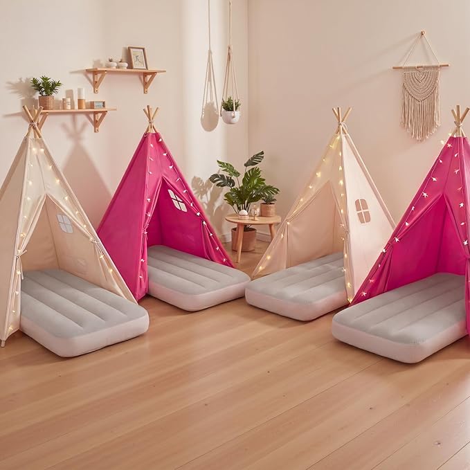 wilwolfer 4 Pack Kids Teepee Tent Bulk and Inflatable Airbed & Light, Natural Toddler Play Tent for Girls Boys Indoor Sleepover Slumber Party Birthday Gifts(White, Rose Red)
