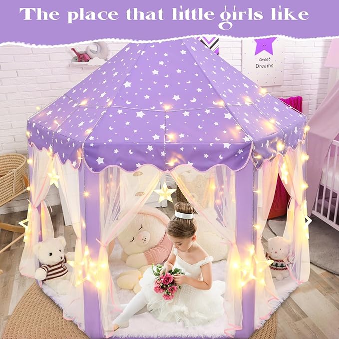 Purple Princess Tent for Girls, Kids Play Tent with LED Large Star Lights, Castle Playhouse Tent for Children Toddlers Indoor Outdoor Games, 55×53 Inches