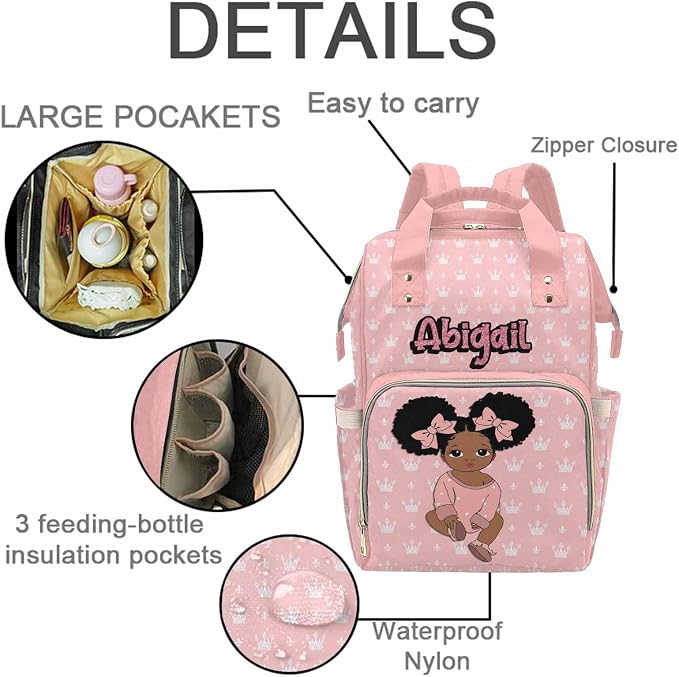 M YESCUSTOM Custom Diaper Bag with Name Crown On Pink, Personalized Multifunction Mommy Nursing Daypack with Large Capacity for Travel, Holiday Birthday Gift for Women
