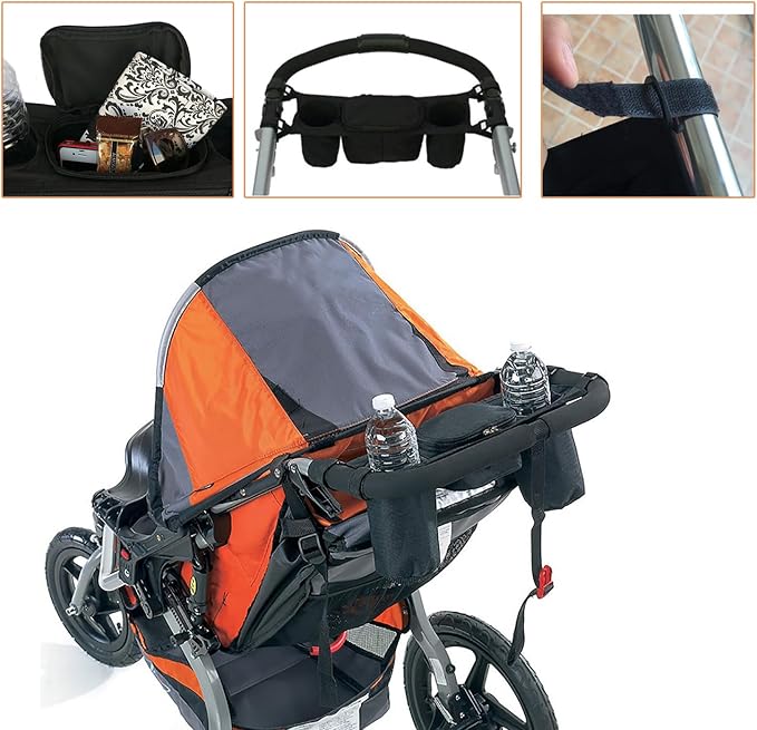 Stroller Organizer with 2 Insulated Cup Holder, Universal Stroller Caddy Accessories Zipper Design Durable Stroller Organizer Bag for All Baby Strollers (Black)