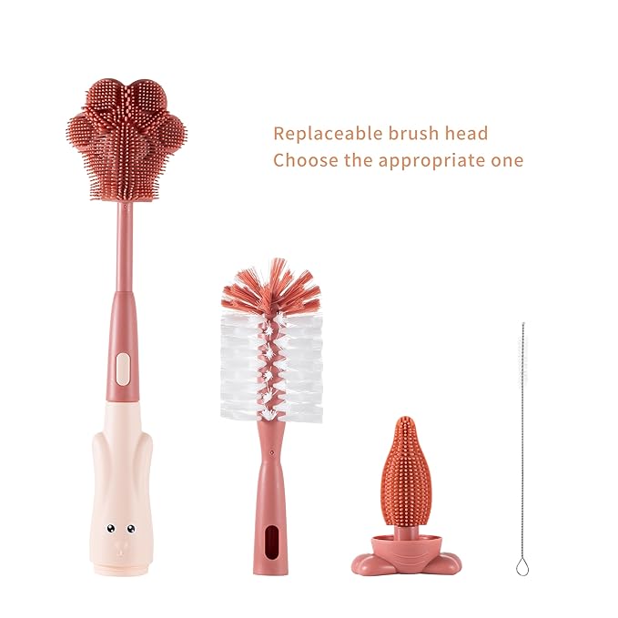 Chemimoso Cup Cleaning Brush, Silicone Baby Bottle Brush with Stand, Large Handle Water Bottle Brush Cleaner Set, with a Tiny Cup Lid Gap Cleaning Brushes Kit, Pawprint, Pink