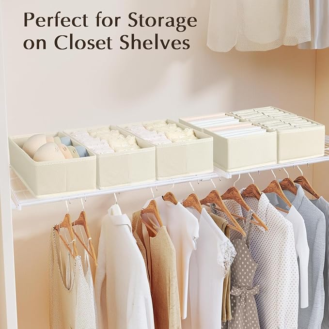 DIMJ Drawer Organizers Clothes, Set of 14 Dresser Organizer Bins, Fabric Closet Organizers and Storage, Shallow Drawer Dividers for Nursery, Clothing, Baby Clothes, Socks, Underwears, Tie (Beige)