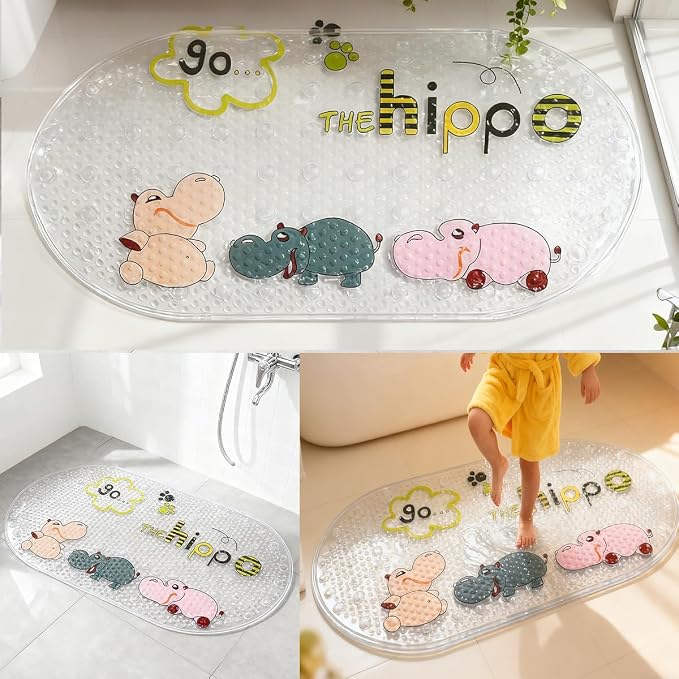 PTAPIPI Sea Animal Kids Bath Mat - 27x15 Inch Oval PVC Mat with Suction Cups, Machine Washable, Colorful Design for Children (Cute Hippopotamus)
