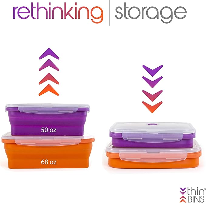 Kitchen Home Thin Bins Collapsible Containers ??Set of 2 Extra Large Rectangle Silicone Food Storage Containers ??BPA Free, Microwave, Dishwasher and Freezer Safe