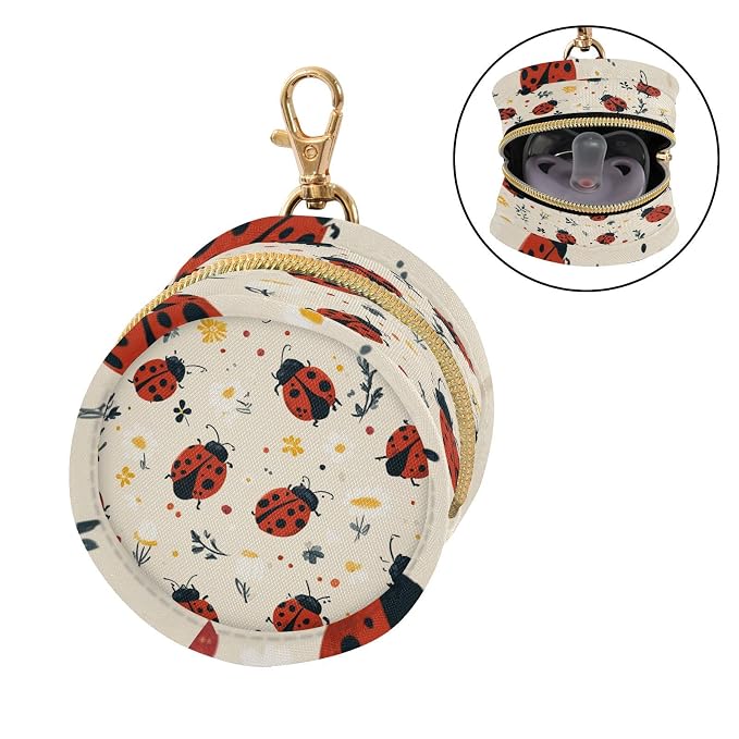 Pacifier Holder with Clip Pacifier Case for Diaper Bag Round Baby Pacifier Pouch Box Bag Portable Spring Ladybugs Flowers Dots