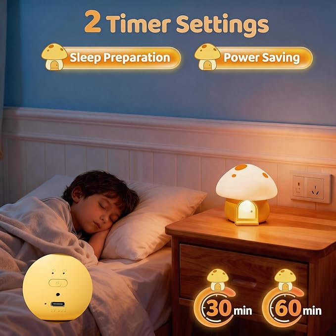 Kids Night Light, Mushroom Bunny Silicone Nursery Lamp, Tap Control 3-Level Dimmable, 30/60Min Timer, 1200mAh Rechargeable Cordless LED Bedside Sleep Light for Toddler Baby Bedroom