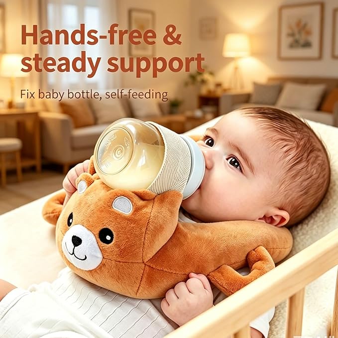 Bottle Holder Pillow Plush, Feeding Nursing Assistant Hands Free, Ergonomic Bottle Support Cushion, Soft Animal Cover Protector, Machine Washable (Beige)