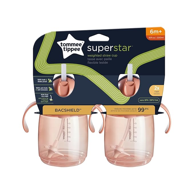 Tommee Tippee Starter Weighted Straw Baby & Toddler 10oz Sippy Cup for 6 Months+, with Silicone Weighted Straw and Easy-Hold Handles, BPA Free, Pink, Pack of 2