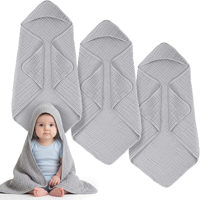 Breling 3 Pcs Muslin Hooded Baby Towels, 32 x 32 Inch 100% Muslin Cotton Newborn Bath Towel Absorbent Blankets Bath Essentials Registry Gift for Newborn, Infant Baby, Toddlers (Light Gray)