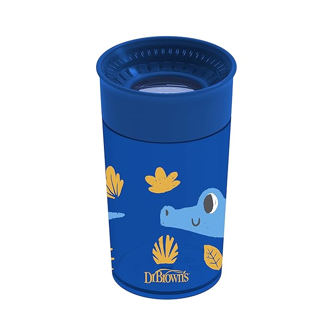 Dr. Brown's Milestones Cheers 360 Spoutless Transition Cup, Travel Friendly and Leak Free Sippy for Babies and Toddlers, Blue Animals, BPA-Free, 10 oz/300 mL, 9m+, 1-Pack