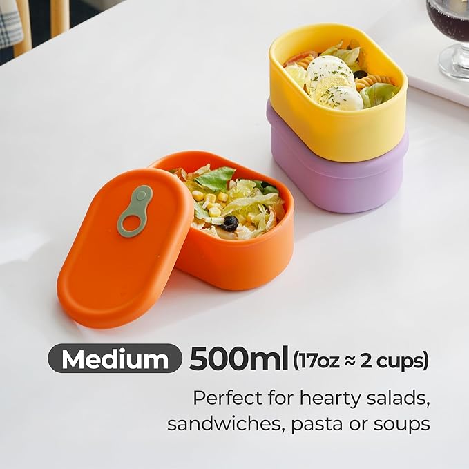 Premium Korean-Made Silicone Airtight Food Container with Steam Vent ??BPA Free, Leakproof, Microwave & Freezer Safe Meal Prep. & Leftovers Storage (4p Multi-Color Set, 17 floz (500ml))
