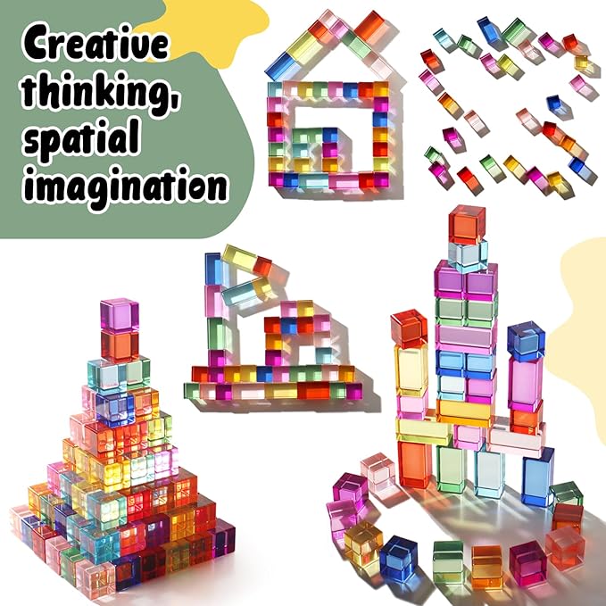 Dinhon 10 Pcs 10 Unique Colors Elongated Acrylic Blocks - 2.5x2.5x5CM Rainbow Gem Rectangular Cubes, Sensory Stacking Toy for Toddlers 1-5, Birthday Gift for Kids